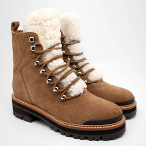 Marc Fisher LTD IZZIE Dark Brown Suede Genuine Shearling Lugsole Boots SIZE 6